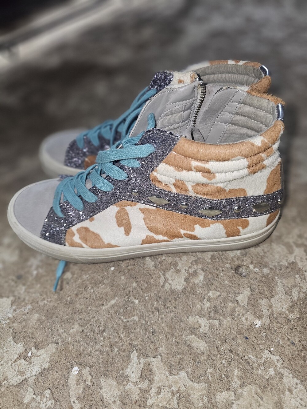 High-Top Sneakers in Tan & White with Teal Laces